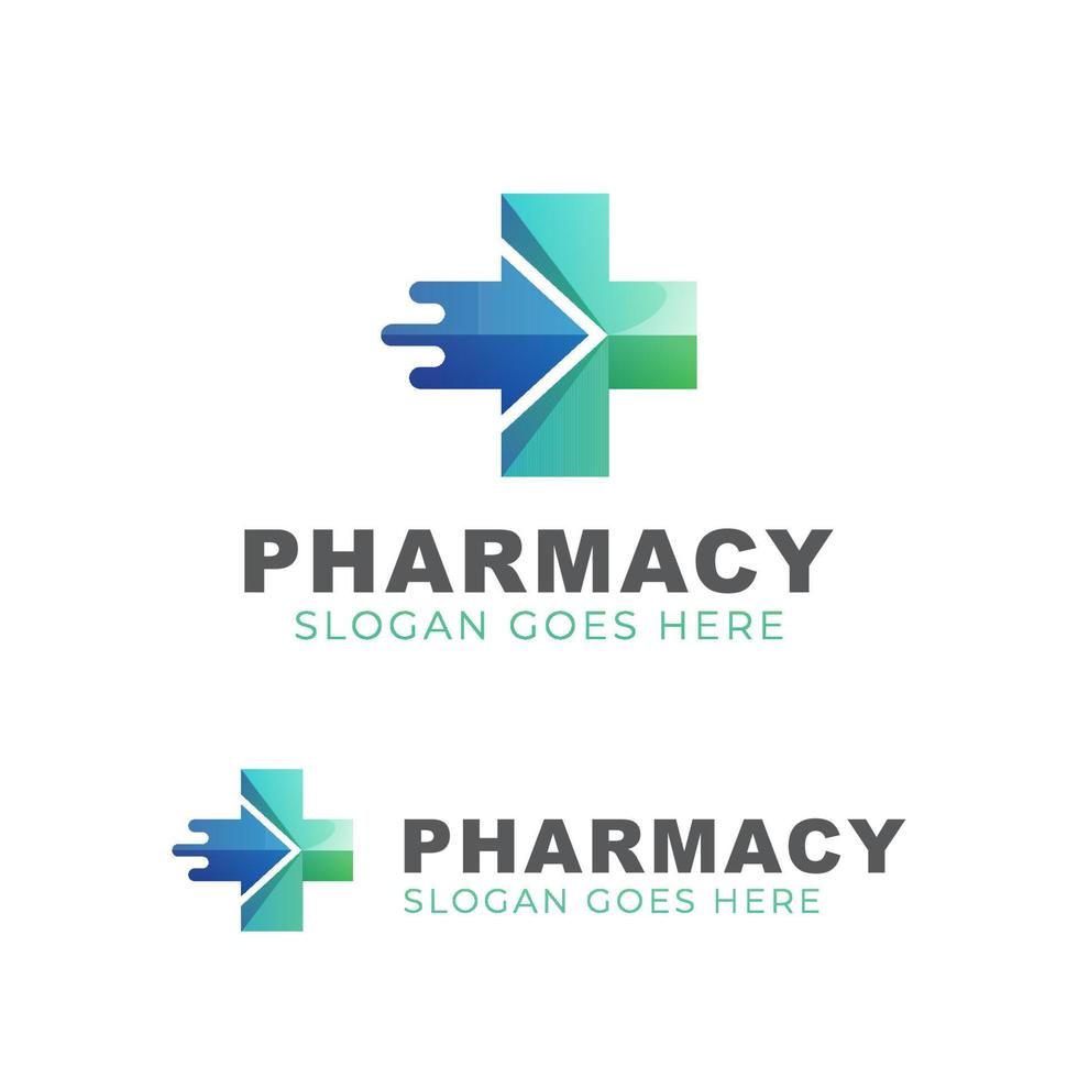 logo moderno della farmacia medica, croce con freccia veloce per un design sano dell'icona del simbolo vettore