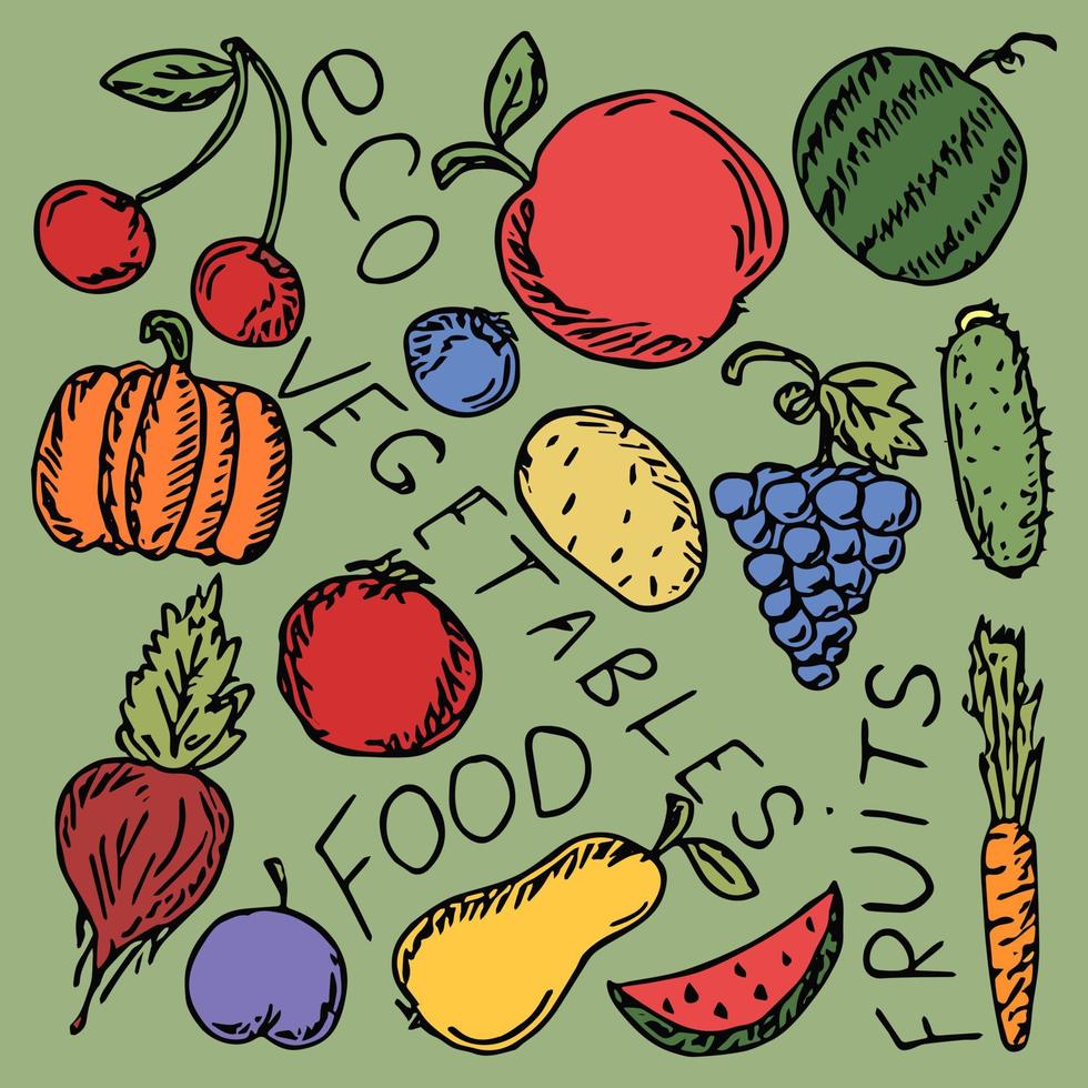 icone di cibo vintage. illustrazione vettoriale di doodle colorato con icone di cibo vegetariano.