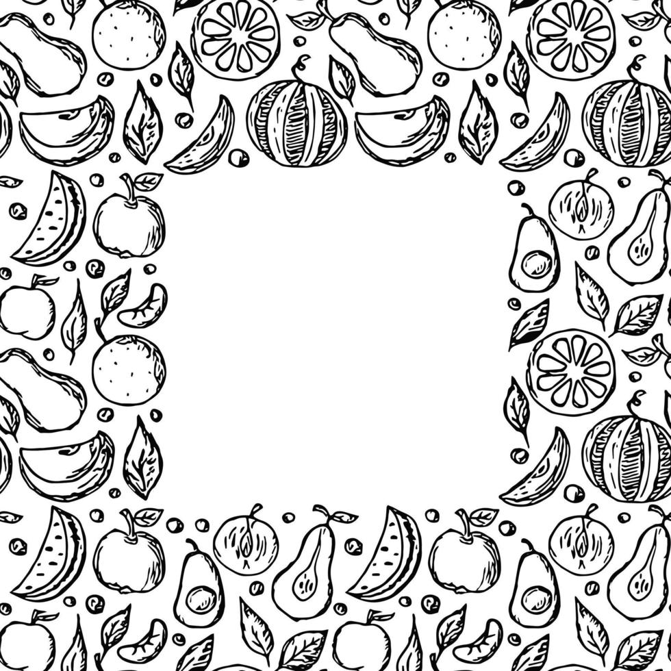 cornice di frutta. modello di frutta senza cuciture con posto per il testo. illustrazione di doodle con icone di frutta. sfondo di frutta vettore