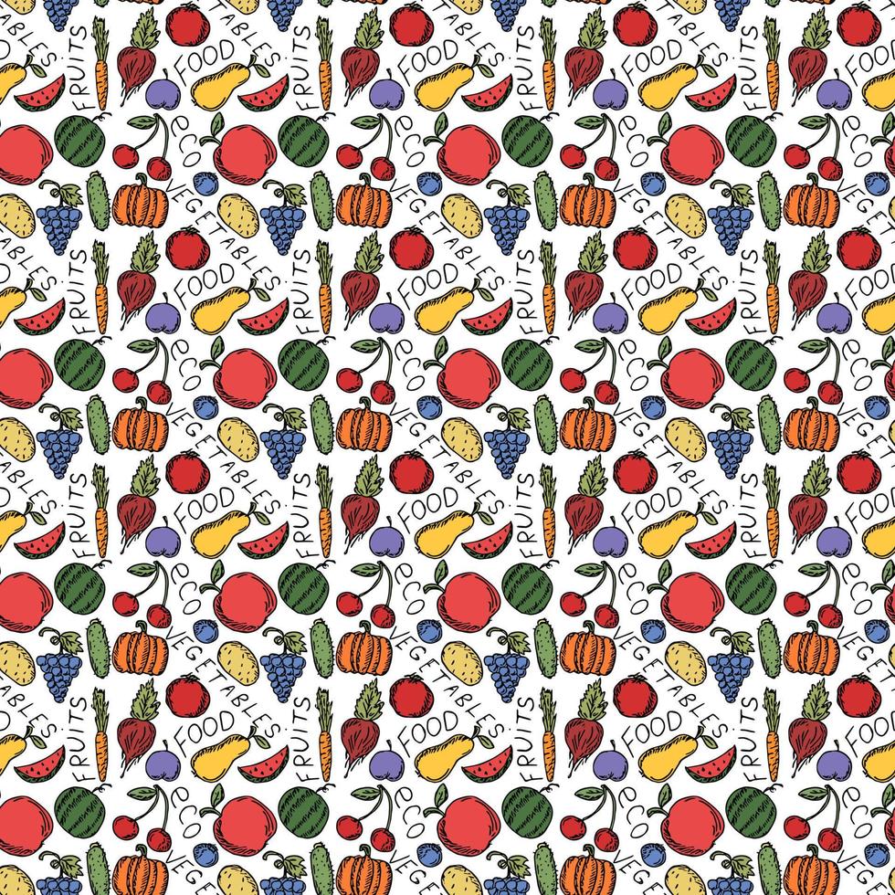 modello di cibo vegetariano senza soluzione di continuità. vettore di doodle colorato con icone di cibo vegetariano. icone di cibo vintage