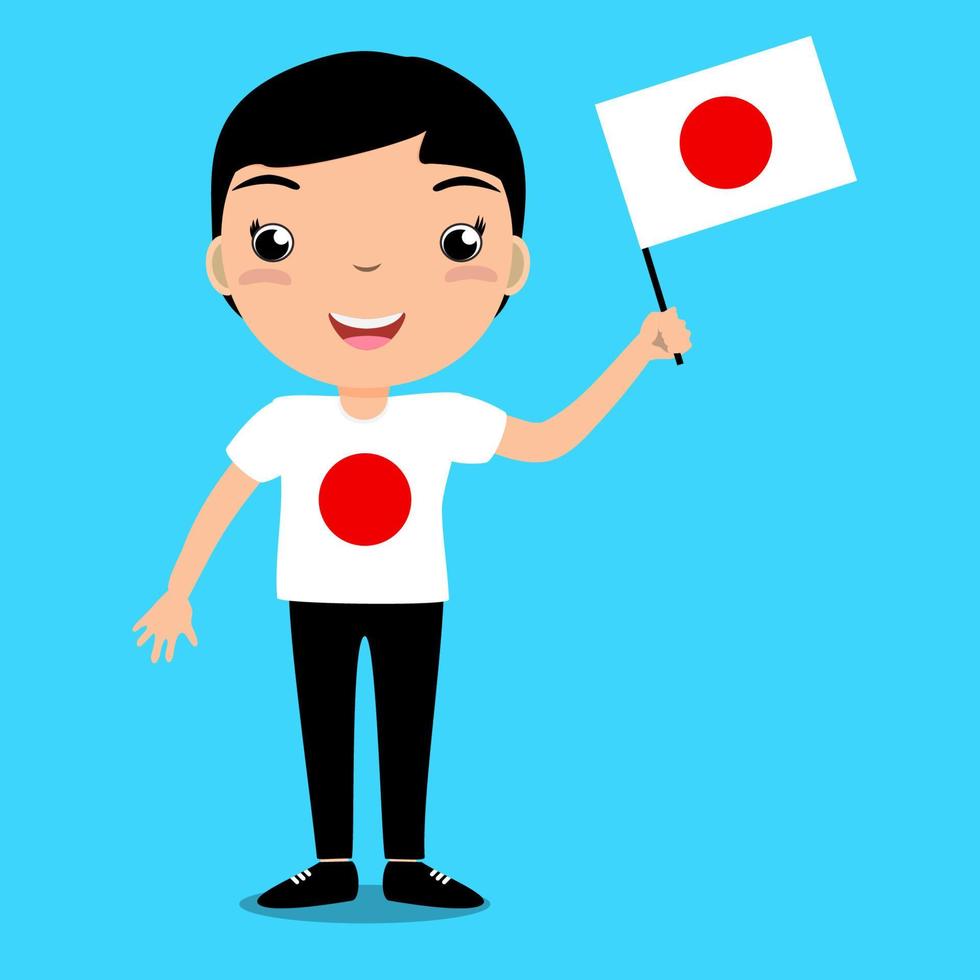 bambino sorridente, ragazzo, con in mano una bandiera del Giappone isolata su sfondo blu. mascotte dei cartoni animati di vettore. illustrazione delle vacanze al giorno del paese, giorno dell'indipendenza, giorno della bandiera. vettore
