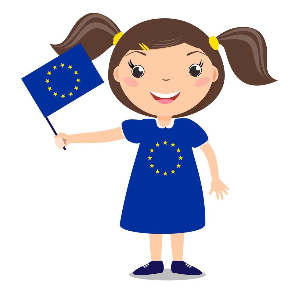 bambino sorridente, ragazza, con in mano una bandiera dell'Unione europea isolata su sfondo bianco. mascotte dei cartoni animati di vettore. illustrazione delle vacanze al giorno del paese, giorno dell'indipendenza, giorno della bandiera. vettore