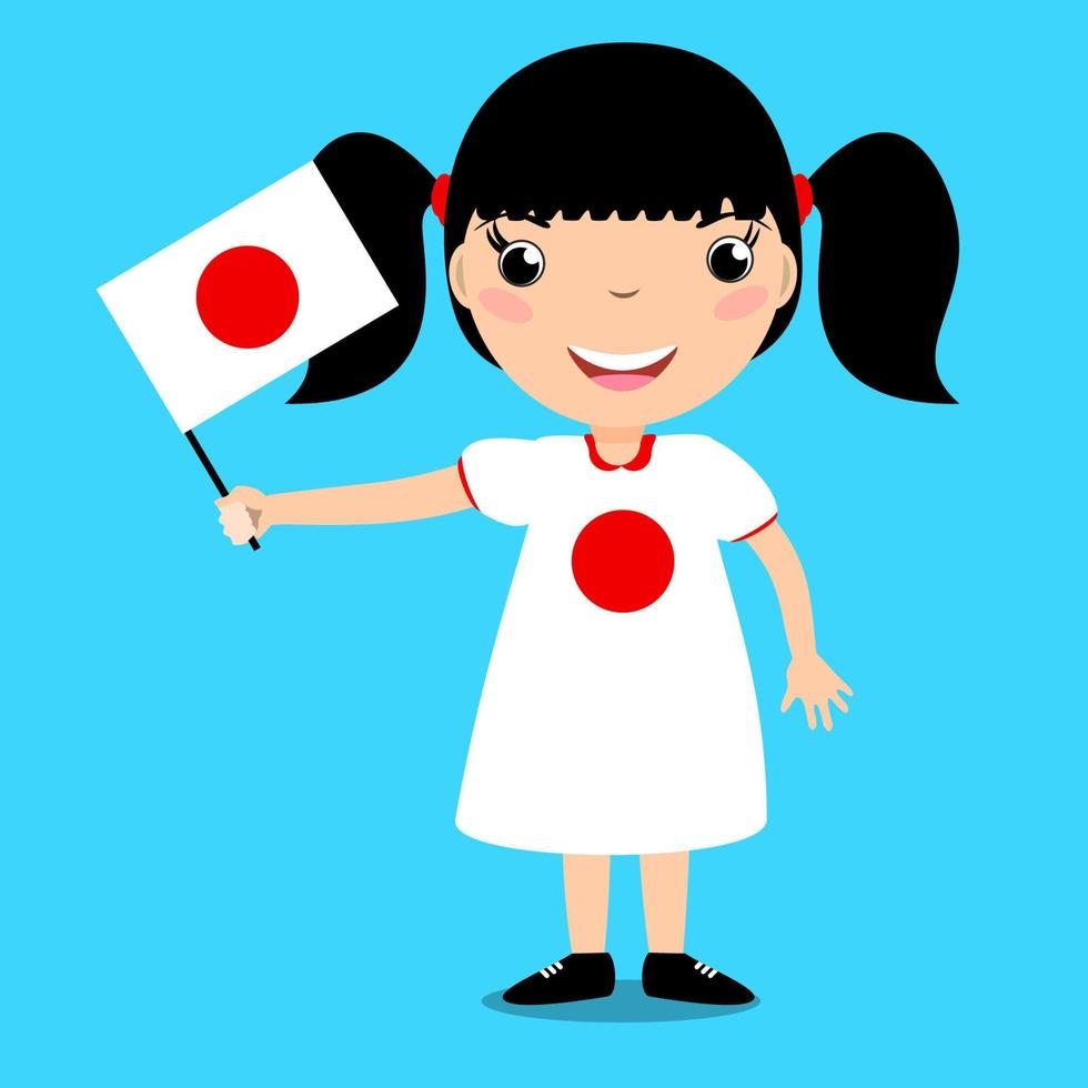 bambino sorridente, ragazza, con in mano una bandiera del Giappone isolata su sfondo blu. mascotte dei cartoni animati di vettore. illustrazione delle vacanze al giorno del paese, giorno dell'indipendenza, giorno della bandiera. vettore