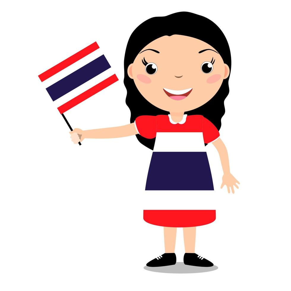 bambino sorridente, ragazza, con in mano una bandiera thailandese isolata su sfondo bianco. mascotte dei cartoni animati di vettore. illustrazione delle vacanze al giorno del paese, giorno dell'indipendenza, giorno della bandiera. vettore