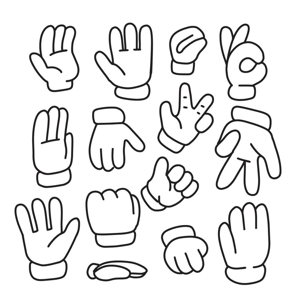 insieme disegnato a mano delle mani del fumetto in diversi gesti. mani lineari in guanti bianchi. elemento per il tuo design. illustrazione del contorno vettoriale. vettore