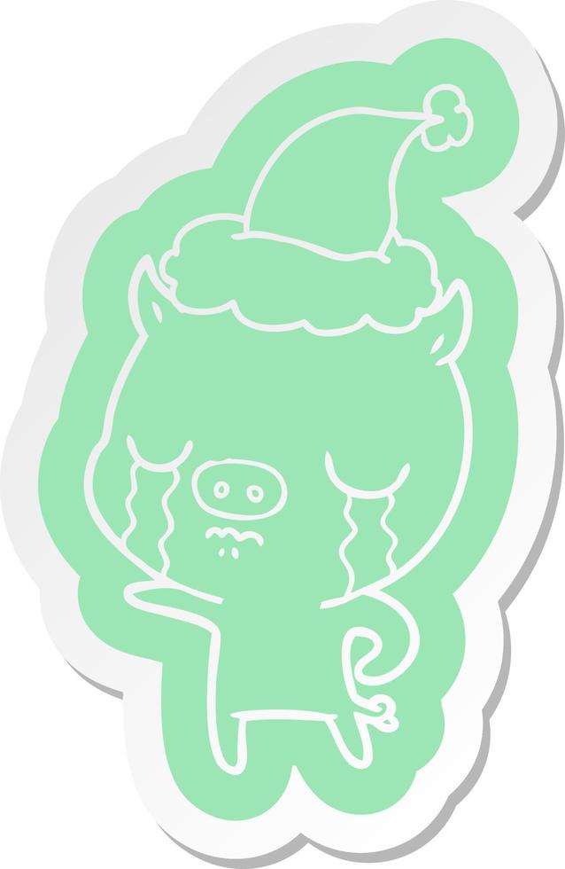 adesivo cartone animato di un maiale che piange con indosso il cappello di Babbo Natale vettore
