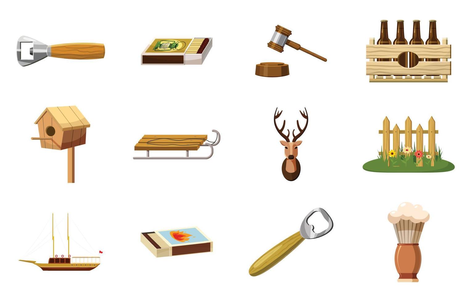 set di icone di oggetti in legno, stile cartone animato vettore