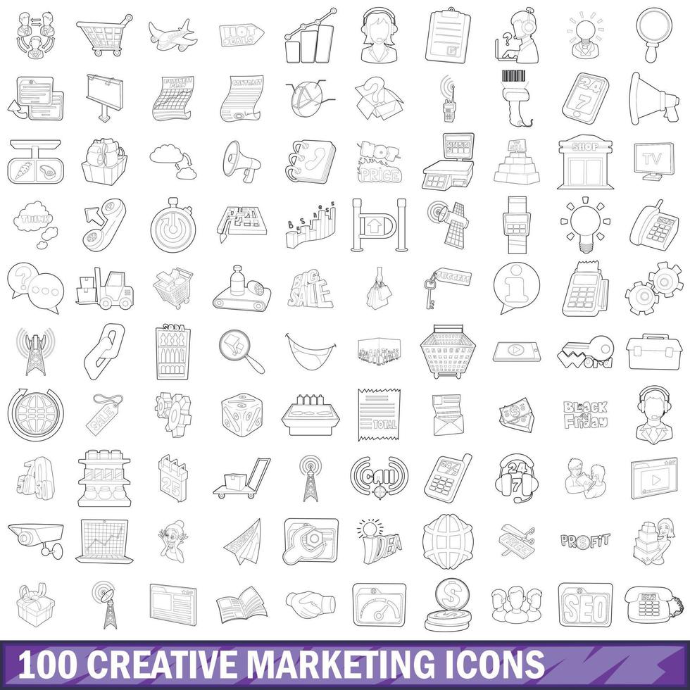 100 set di icone di marketing creativo, stile contorno vettore
