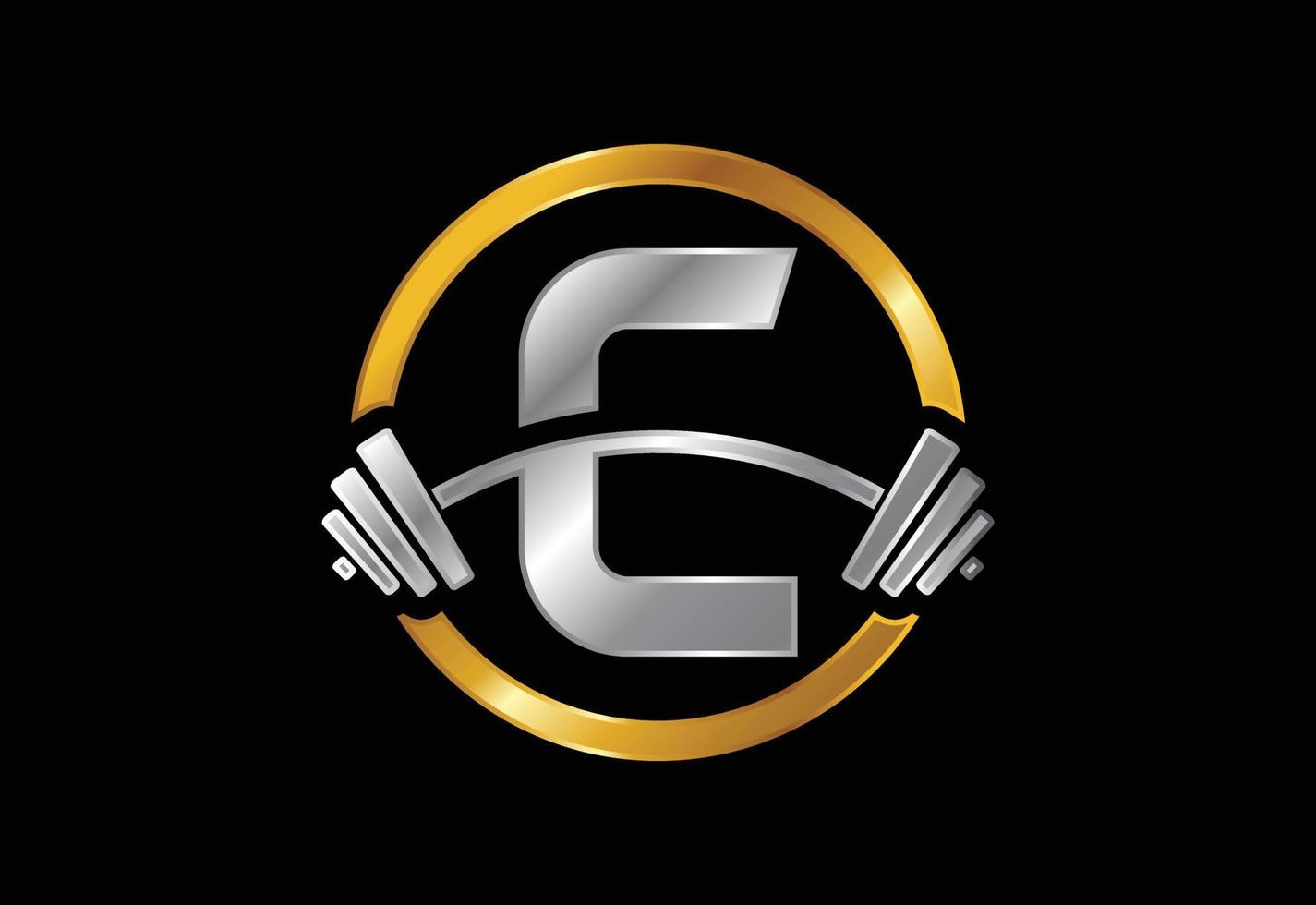 alfabeto monogramma c iniziale con un bilanciere. disegno del logo vettoriale di sollevamento. logo vettoriale per bodybuilding