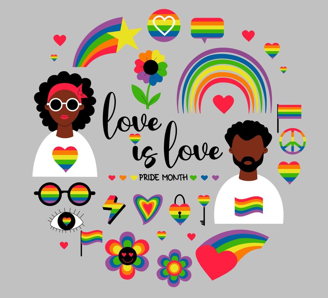 raccolta di simboli della comunità lgbtq. mese dell'orgoglio lgbt donna lesbica nera e uomo etnico gay, icone vettoriali bandiere di orgoglio, arcobaleno retrò ed elementi di amore romantico, simbolo di riconciliazione. gay Pride