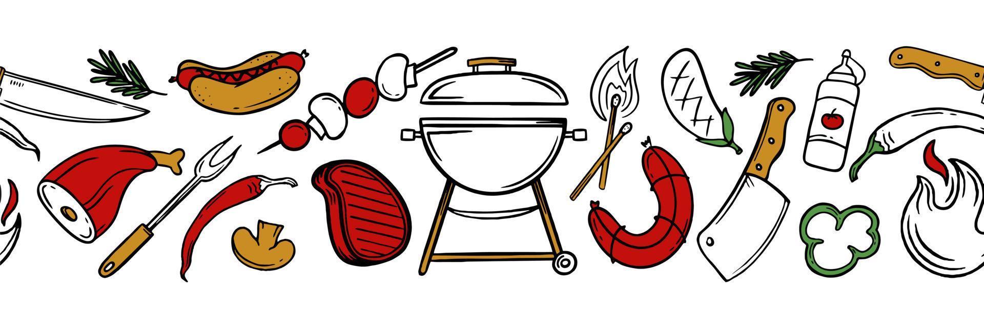 modello orizzontale con elementi grill e barbecue per menu ristorante bar caffetteria su sfondo bianco illustrazione vettoriale di scarabocchi