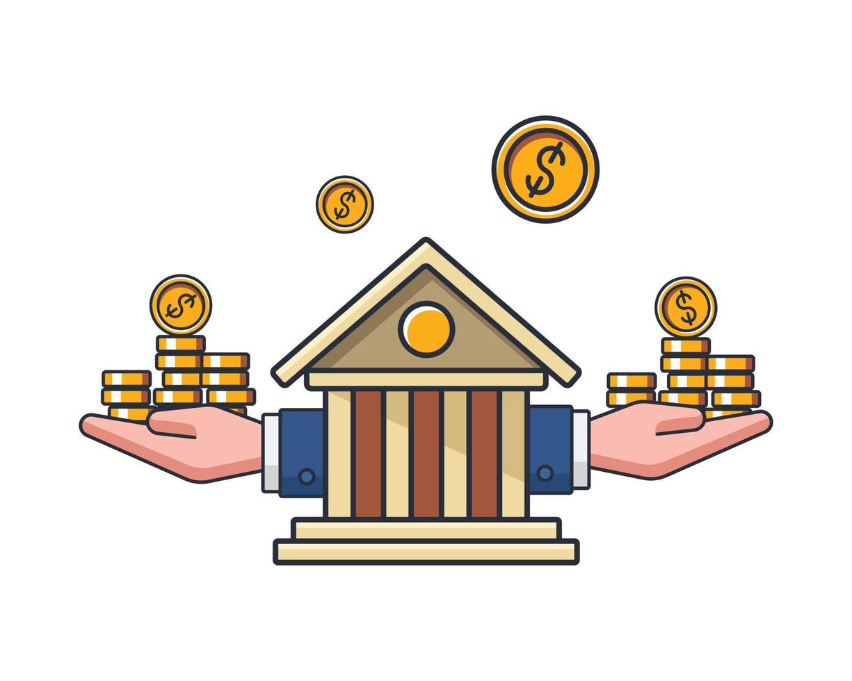 raccolta colorata icona sottile della banca con moneta in mano, illustrazione vettoriale del concetto di affari e finanza.