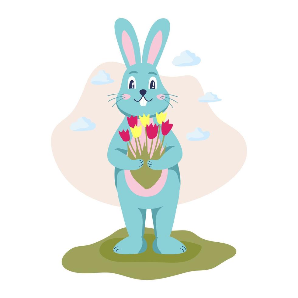 il personaggio è un coniglio con un mazzo di tulipani. umore primaverile, aprile. illustrazione vettoriale cartone animato piatto