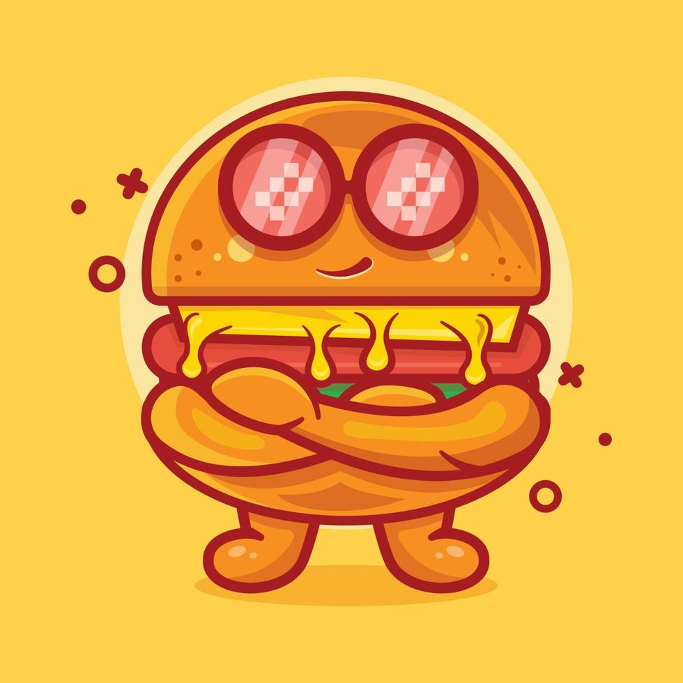 simpatico personaggio mascotte hamburger cibo con espressione fresca cartone animato isolato in stile piatto design vettore