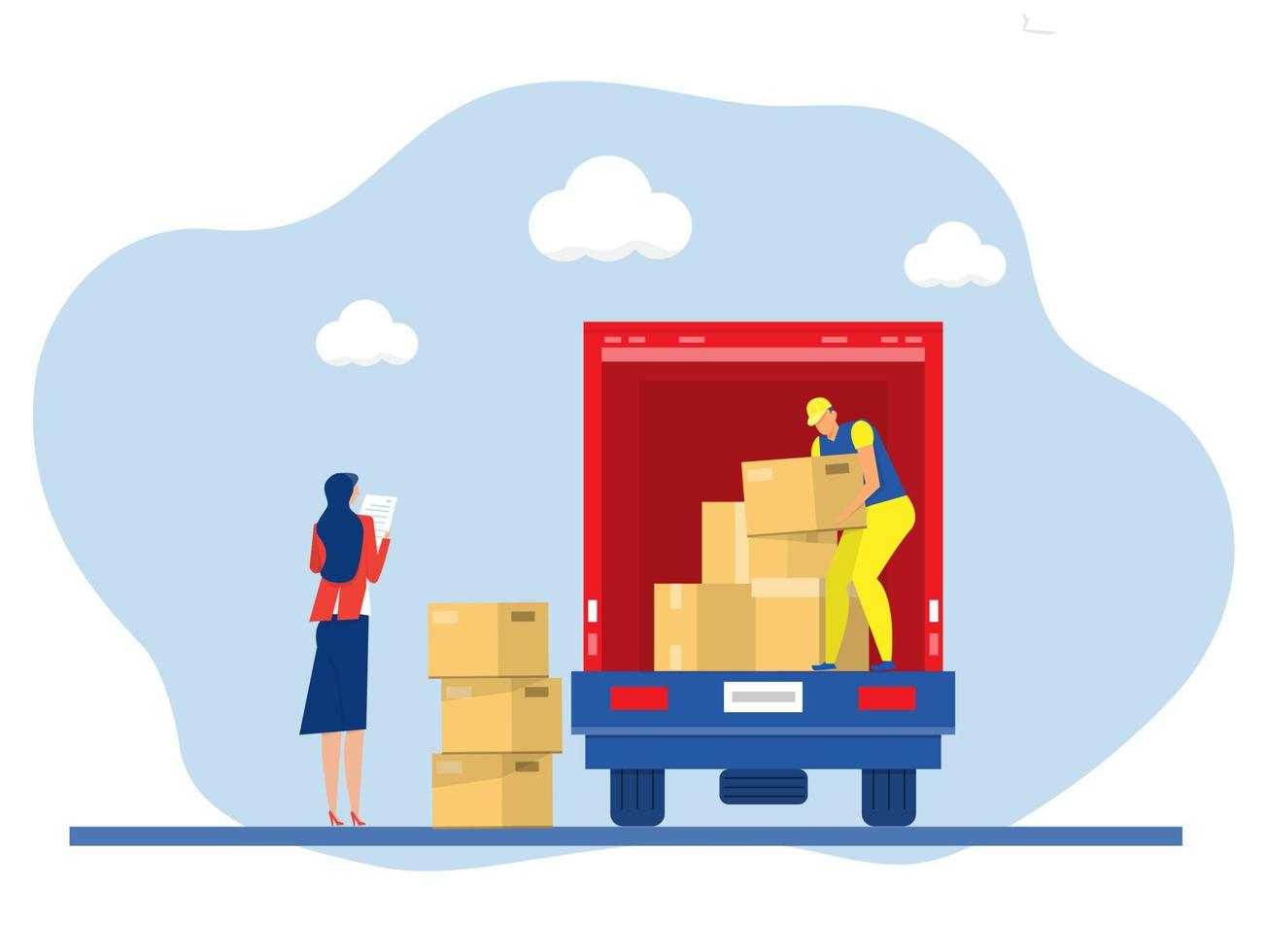 trasporto di affari, camion di carico della scatola di scarico del caricatore di consegna, trasporto logistico delle forniture, illustrazione di vettore del fumetto
