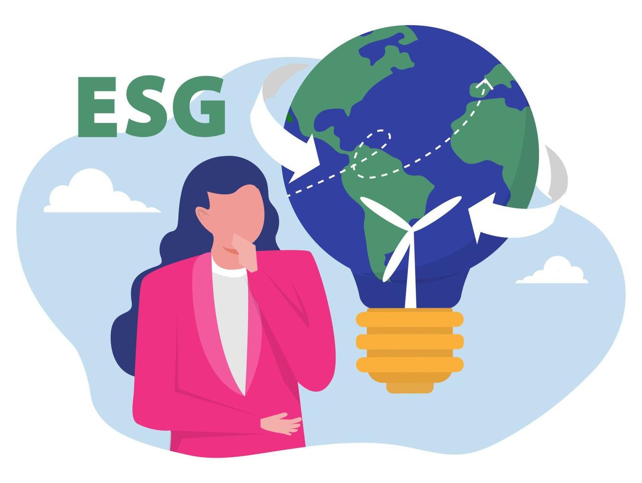 donna d'affari che pensa con la lampada della lampadina problema ecologico esg illustrazione vettoriale del concetto di fonte rinnovabile, verde, sicura ea lungo termine.