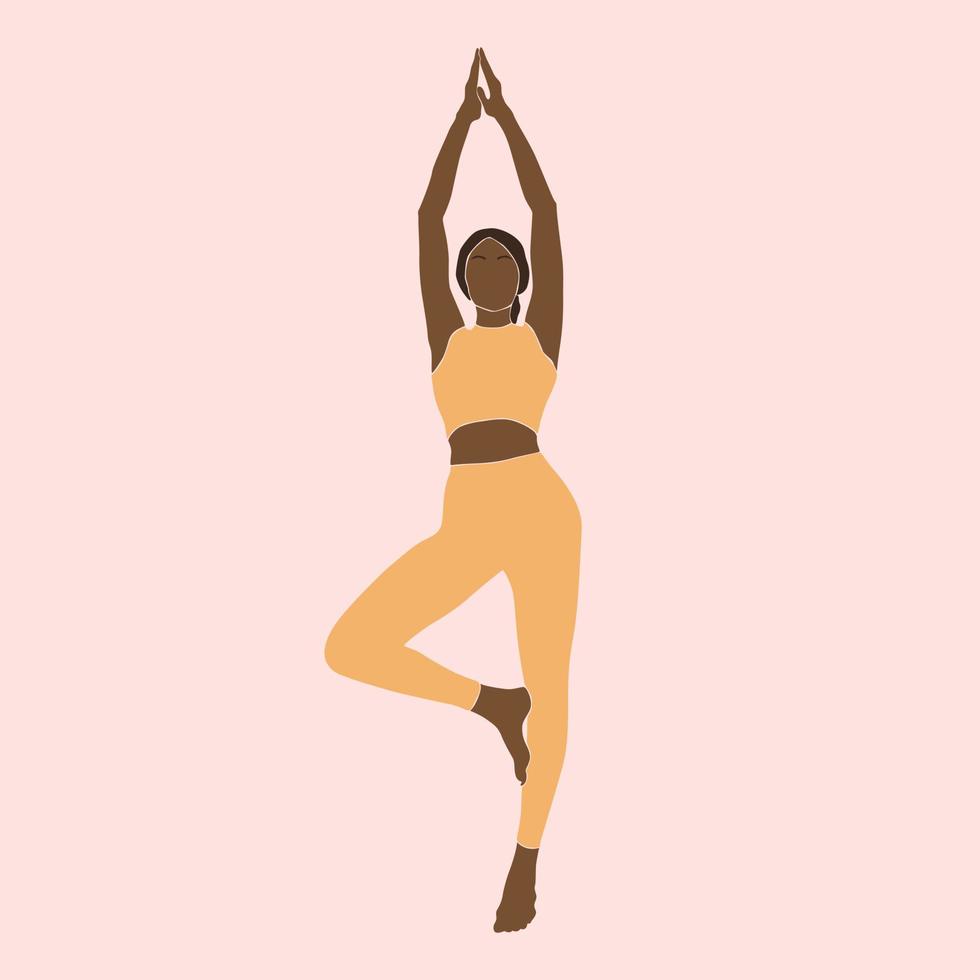 ragazza astratta che pratica yoga in colori pastello. donna che pratica le asana dell'equilibrio. arte contemporanea. perdita di peso. stile di vita salutare. calma e relax. illustrazione piatta disegnata a mano vettore