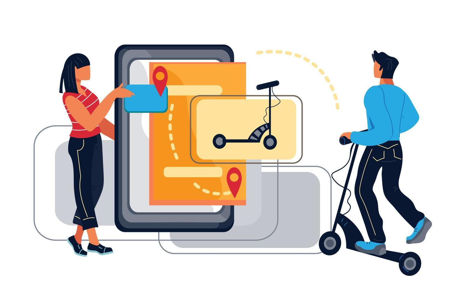 condivisione o noleggio di scooter elettrici tramite il concetto di applicazione mobile con personaggi di persone. veicolo urbano ecologico e tecnologia di trasporto pubblico disponibile. illustrazione vettoriale piatta isolata.