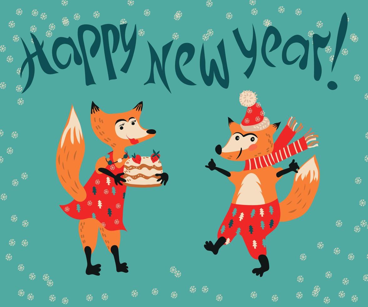 personaggi di volpi invernali di natale e capodanno con torta per biglietti di auguri illustrazione vettoriale piatta isolata su sfondo bianco. simpatici animali e scritte a mano di felice anno nuovo per il design natalizio.