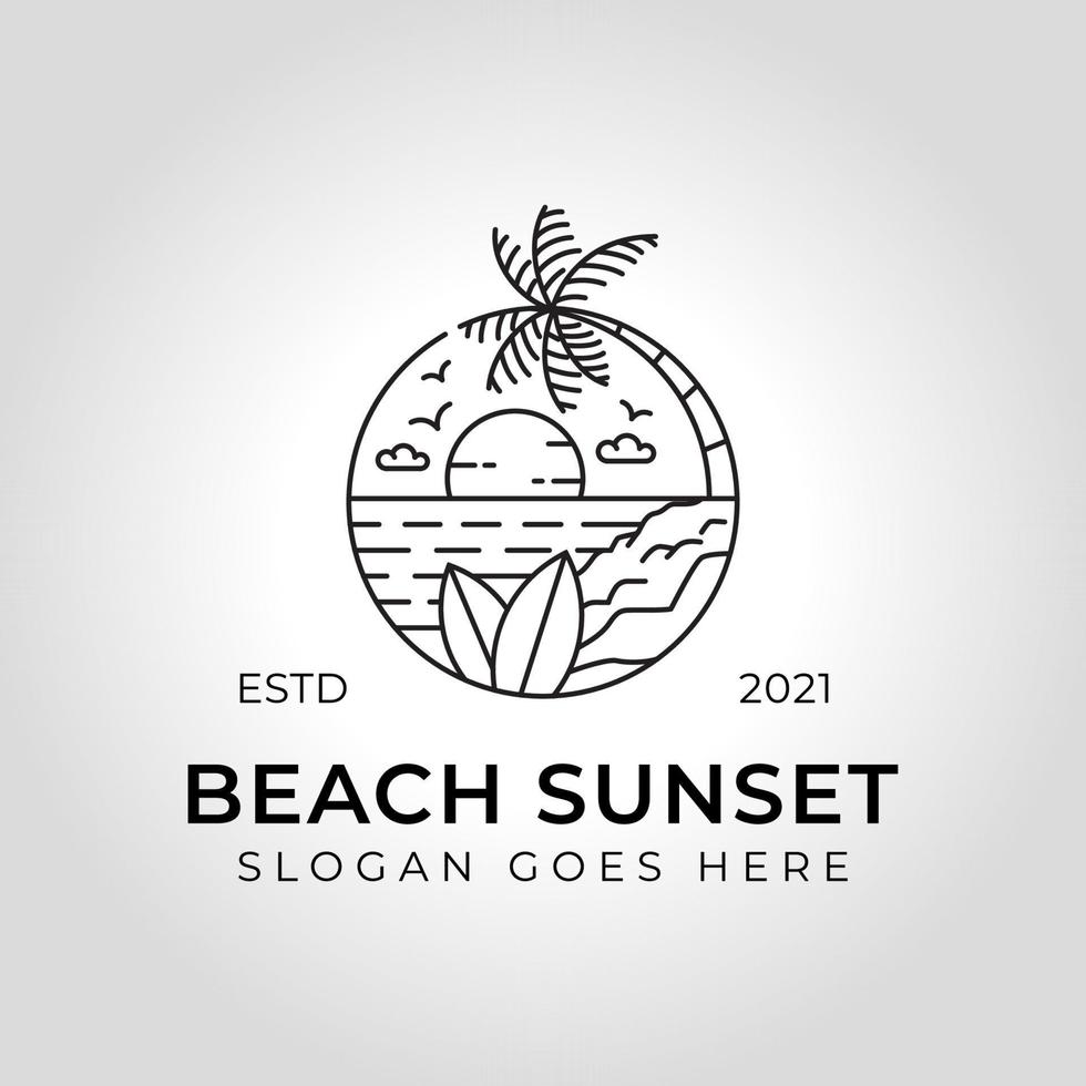 loghi line art del tramonto sulla spiaggia, illustrazione della linea mono logo vacanze vibrazioni estive vettore