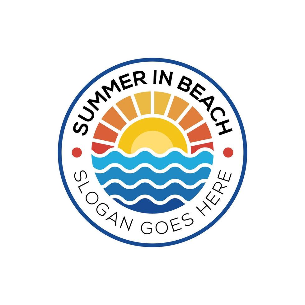 loghi distintivi di estate spiaggia costa isola, mare oceano e sole estivo raggi logo design vettore