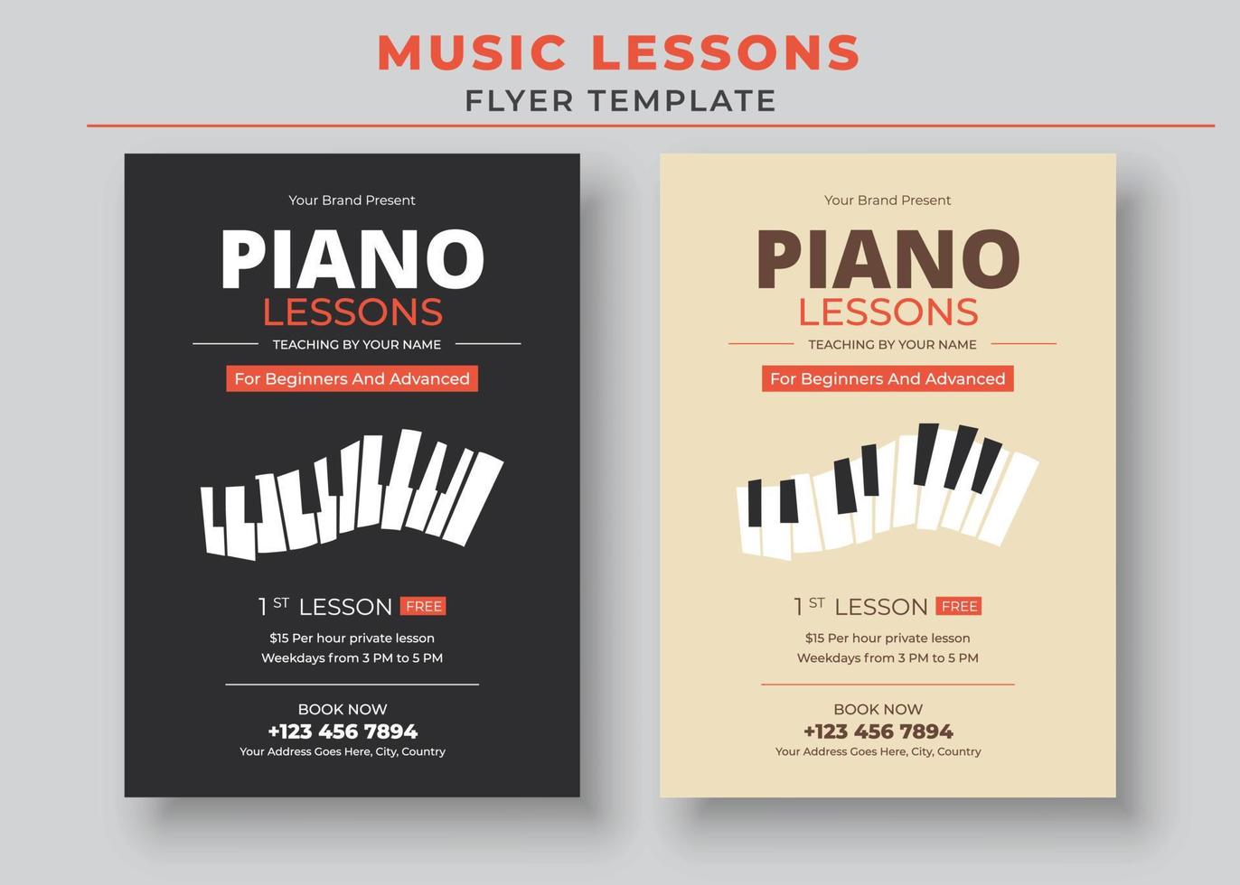 modello di volantino per lezioni di musica, poster di lezioni di pianoforte, poster di lezioni di musica, poster di lezioni di chitarra vettore