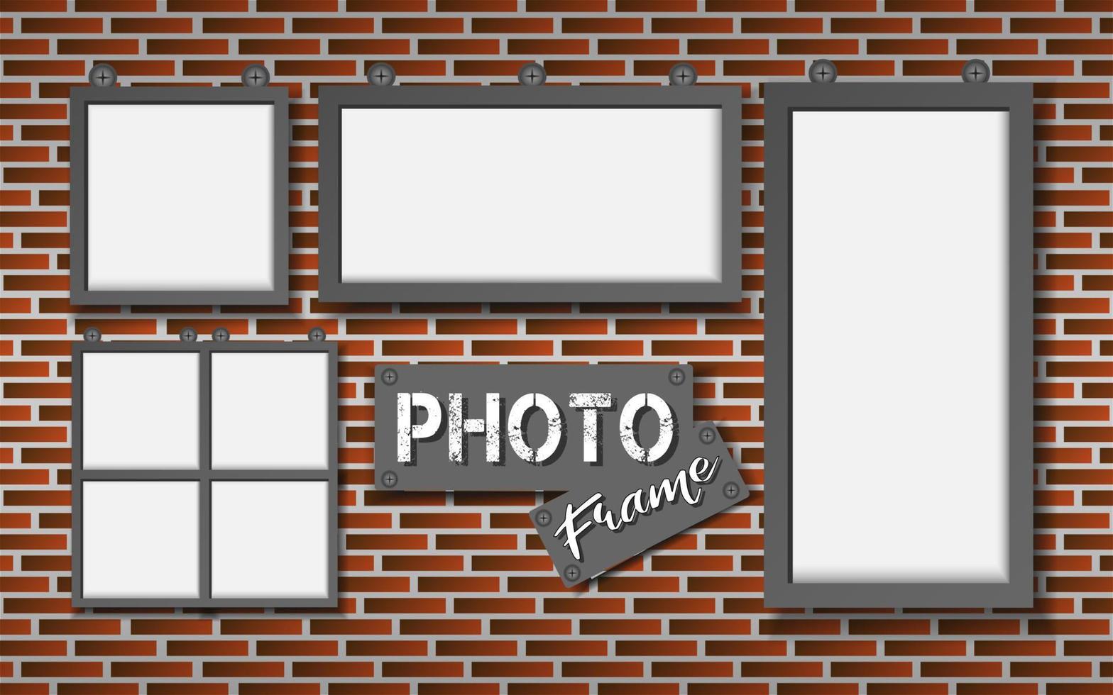 raccolta di cornici per foto con dadi e bulloni, foto realistiche di decorazioni vettoriali di varie dimensioni su sfondo rosso dell'illustrazione del muro di mattoni