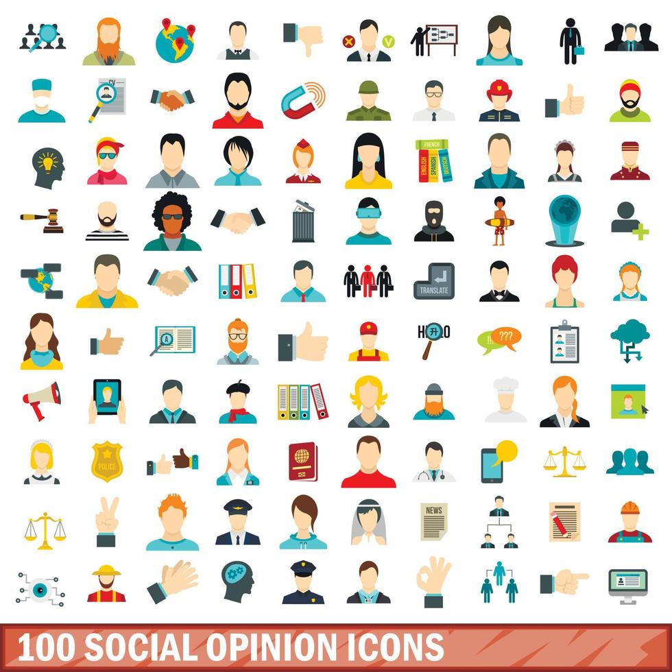 100 icone di opinione sociale impostate, stile piatto vettore