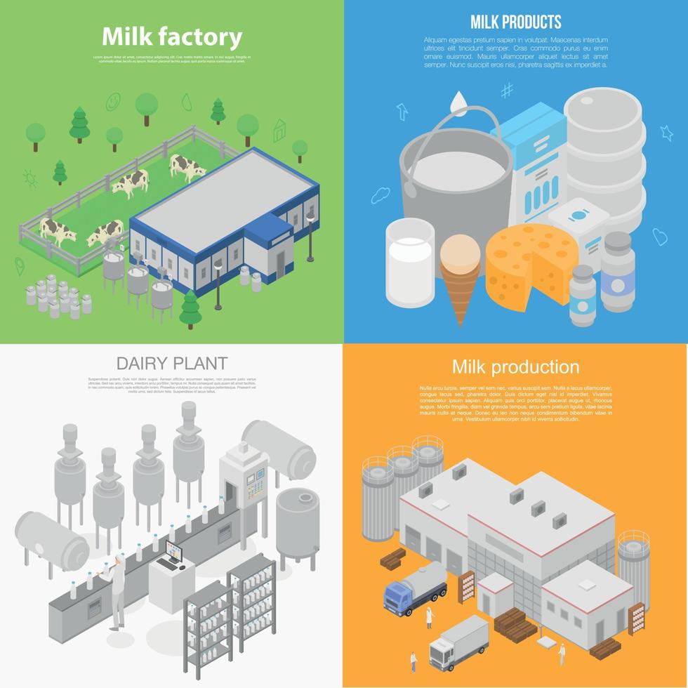 moderno set di banner per fabbrica di latte, stile isometrico vettore