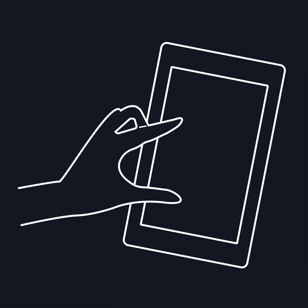 telefono cellulare nella mano di un uomo o di una donna. illustrazione in bianco e nero della linea di disegno a mano. vettore