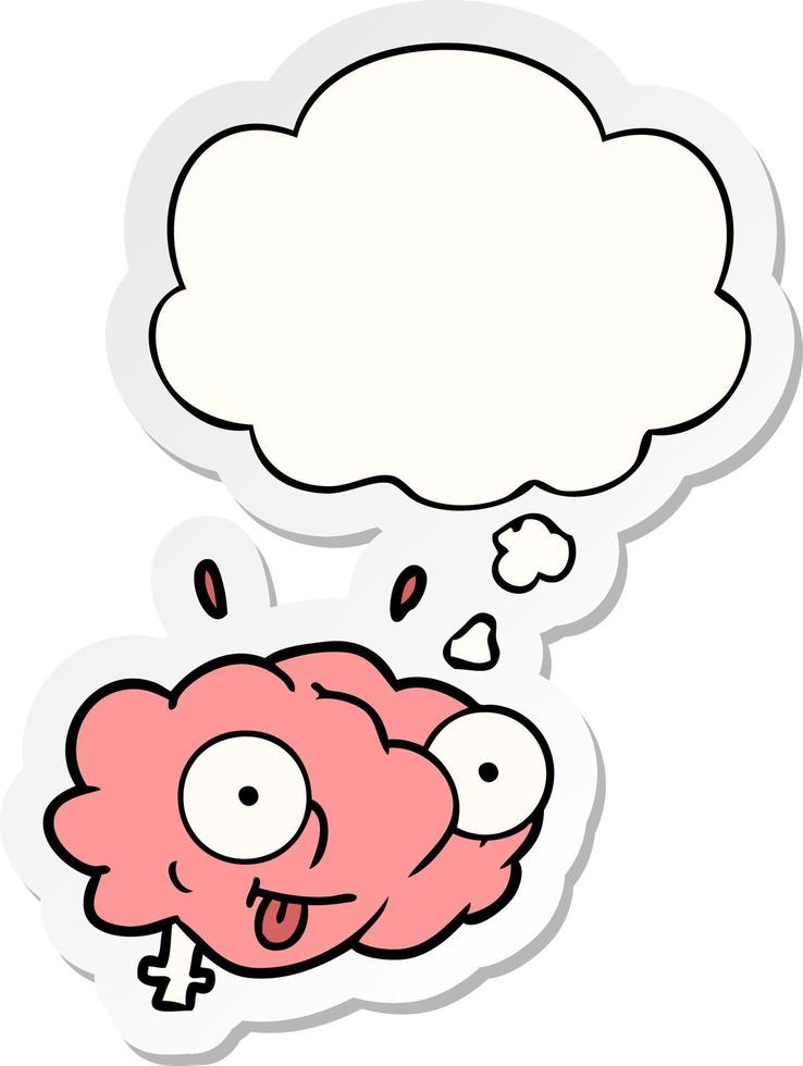 cervello divertente cartone animato e bolla di pensiero come adesivo stampato vettore