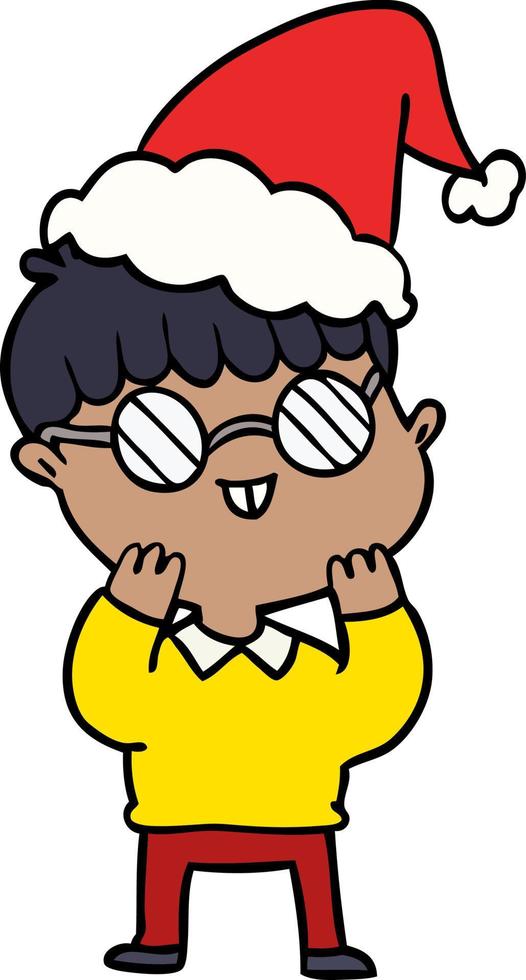 disegno a tratteggio di un ragazzo con gli occhiali che indossa il cappello di Babbo Natale vettore