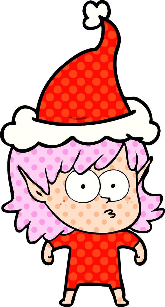 illustrazione in stile fumetto di una ragazza elfo che fissa indossando il cappello di Babbo Natale vettore