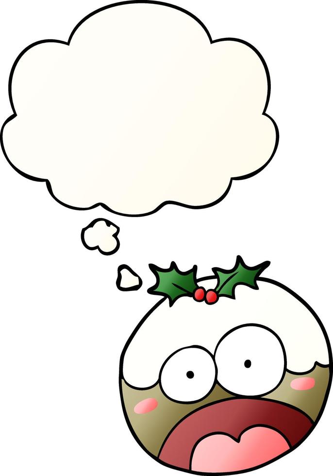 cartone animato scioccato budino di Natale e bolla di pensiero in stile sfumato liscio vettore