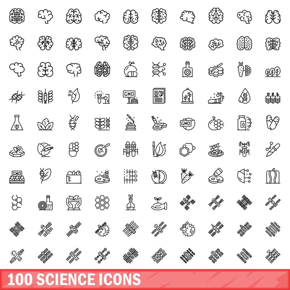 100 icone di scienza impostate, stile contorno vettore