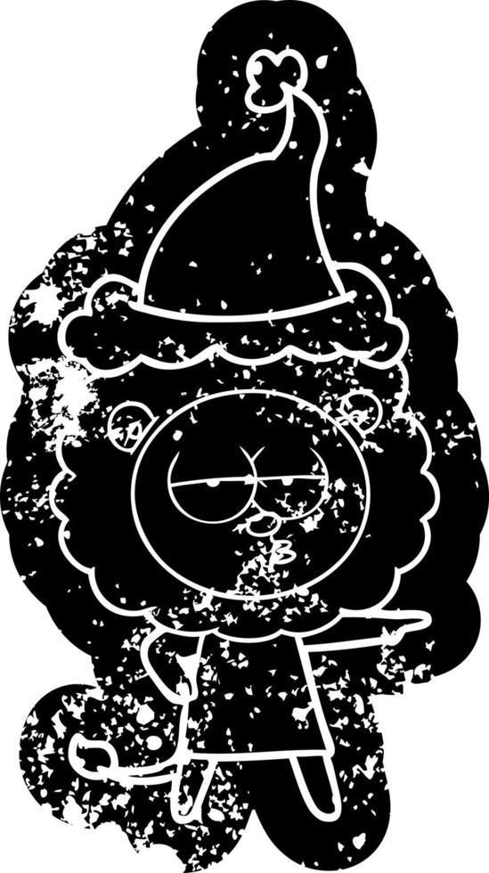 icona angosciata del fumetto di un leone annoiato che indossa il cappello di Babbo Natale vettore