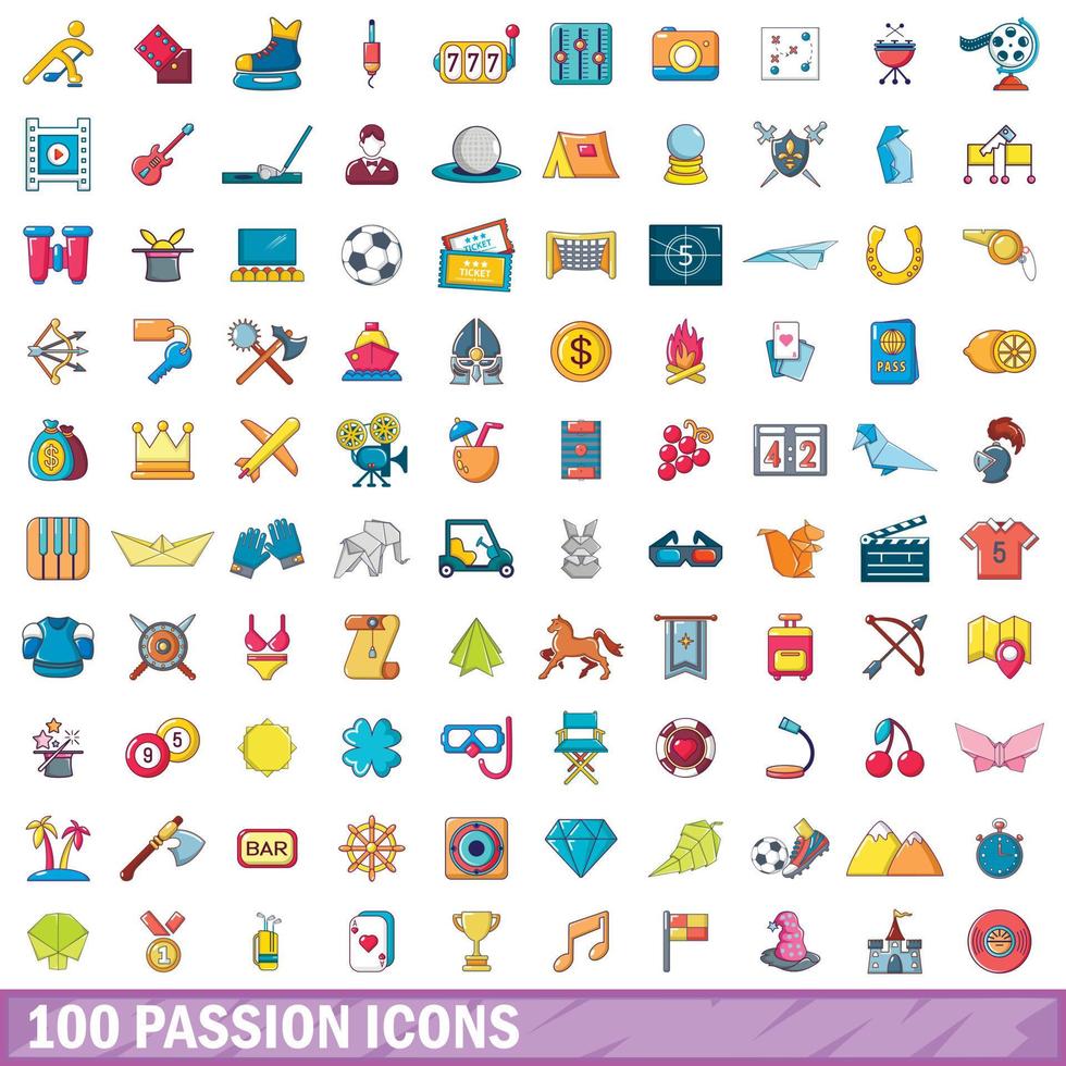 100 icone di passione impostate, stile cartone animato vettore