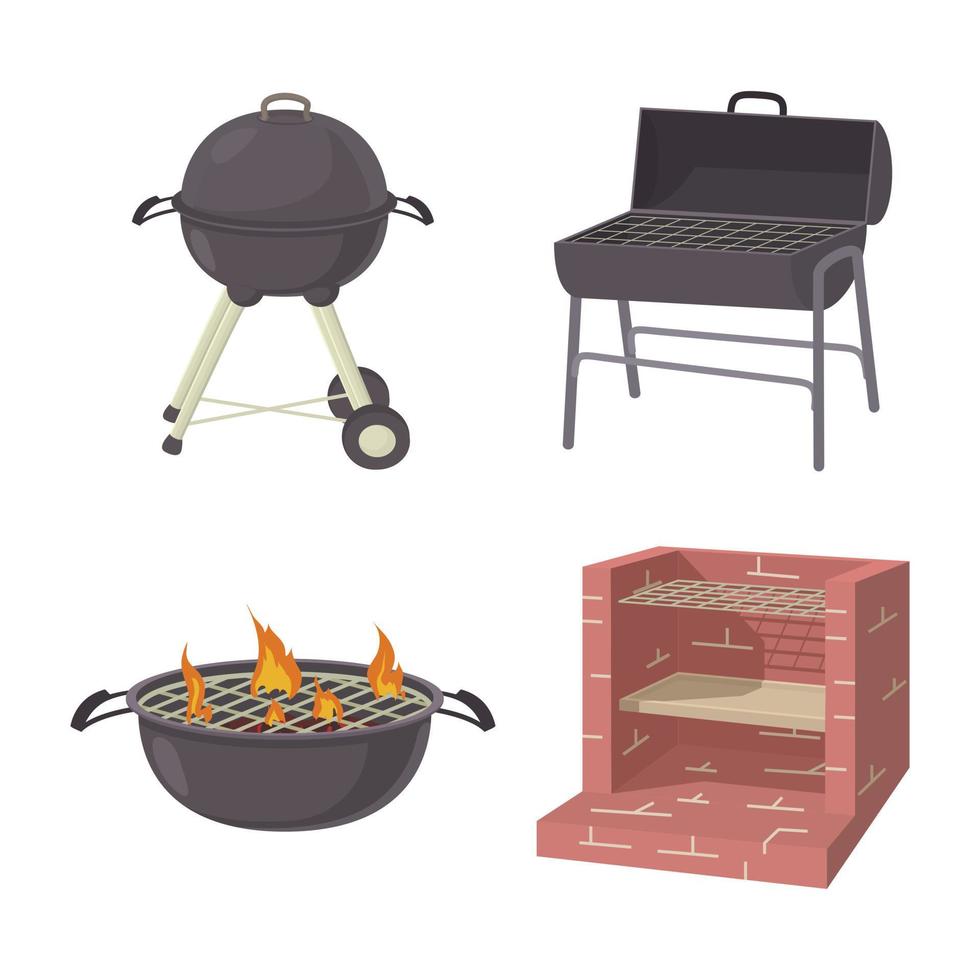 set di icone strumento posto barbecue, stile cartone animato vettore