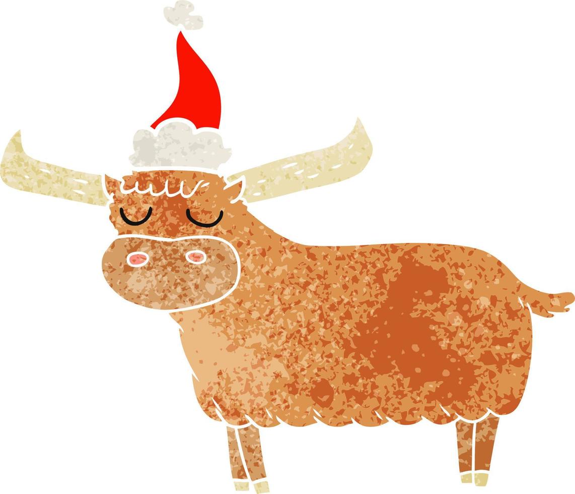 cartone animato retrò di un toro che indossa il cappello di Babbo Natale vettore