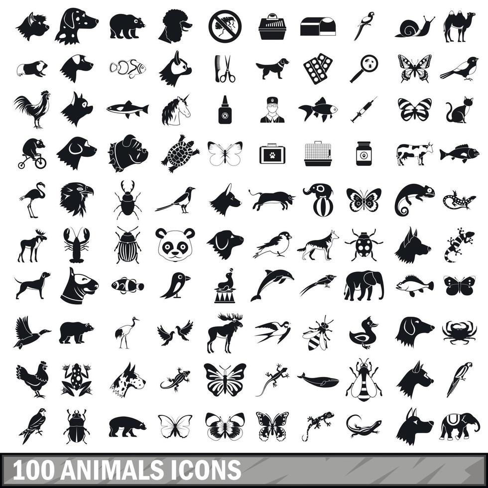 100 icone di animali impostate in uno stile semplice vettore