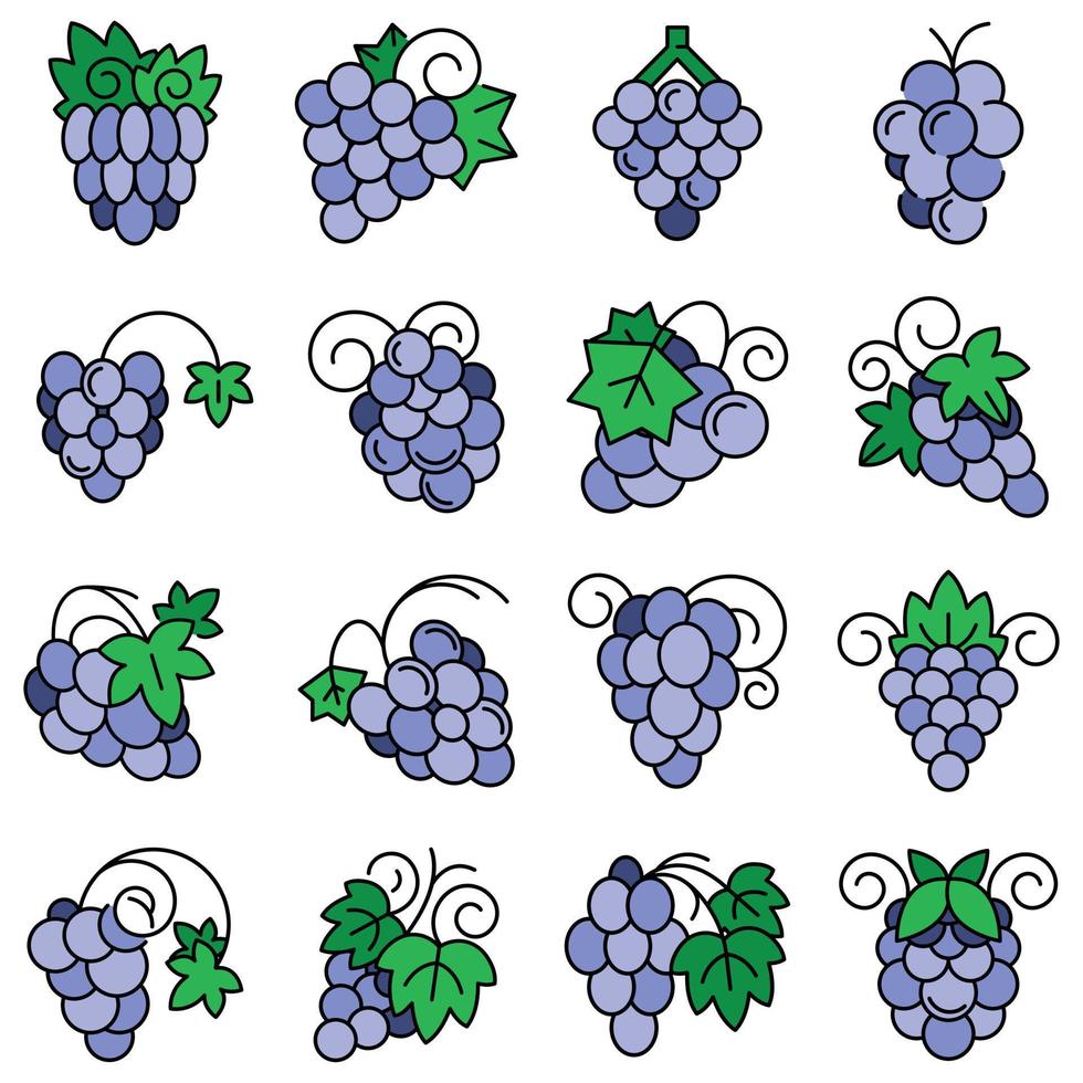 set di icone di frutta d'uva, stile contorno vettore