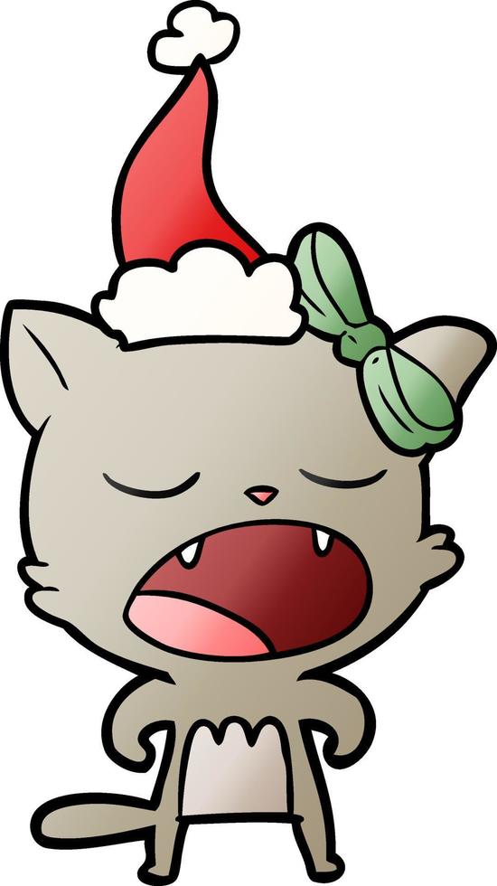cartone animato sfumato di un gatto che miagola indossando il cappello di Babbo Natale vettore