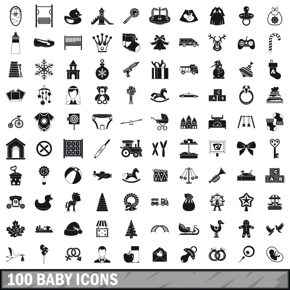 Set di 100 icone per bambini, stile semplice vettore