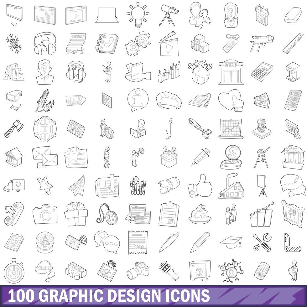 100 set di icone di progettazione grafica, stile contorno vettore