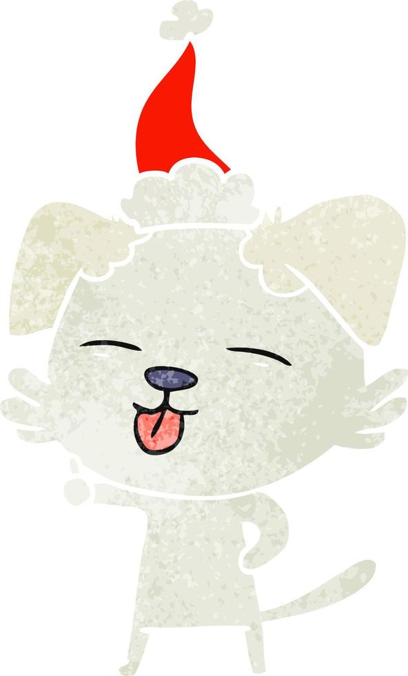 cartone animato retrò di un cane che sporge lingua con indosso il cappello di Babbo Natale vettore