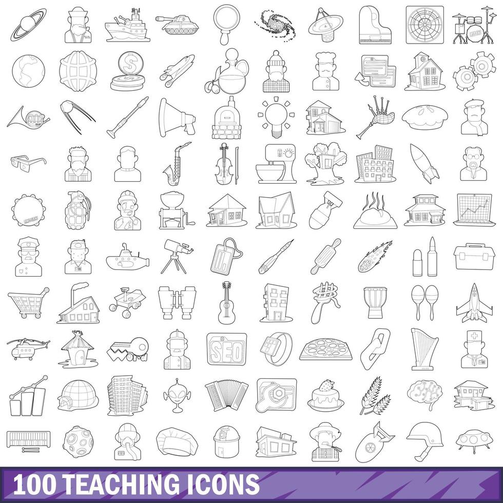 100 icone di insegnamento impostate, stile contorno vettore