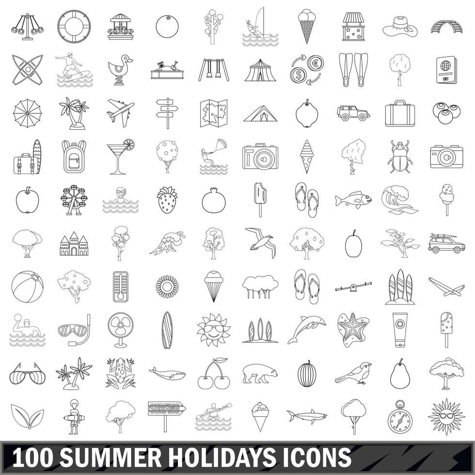 100 set di icone per le vacanze estive, stile contorno vettore
