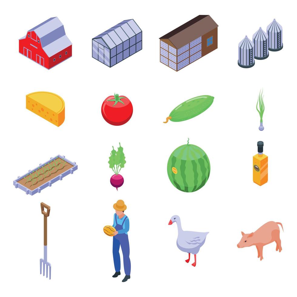 set di icone di agricoltura ecologica, stile isometrico vettore