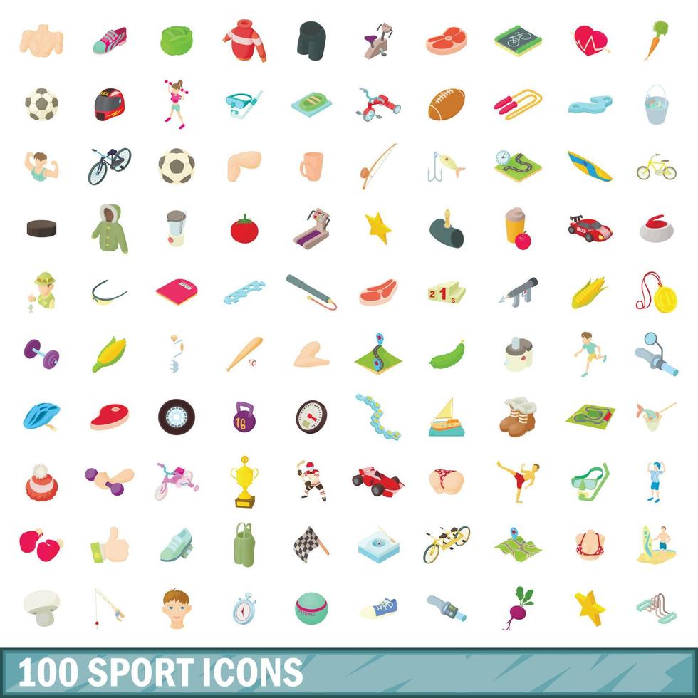 100 icone di sport impostate, stile cartone animato vettore