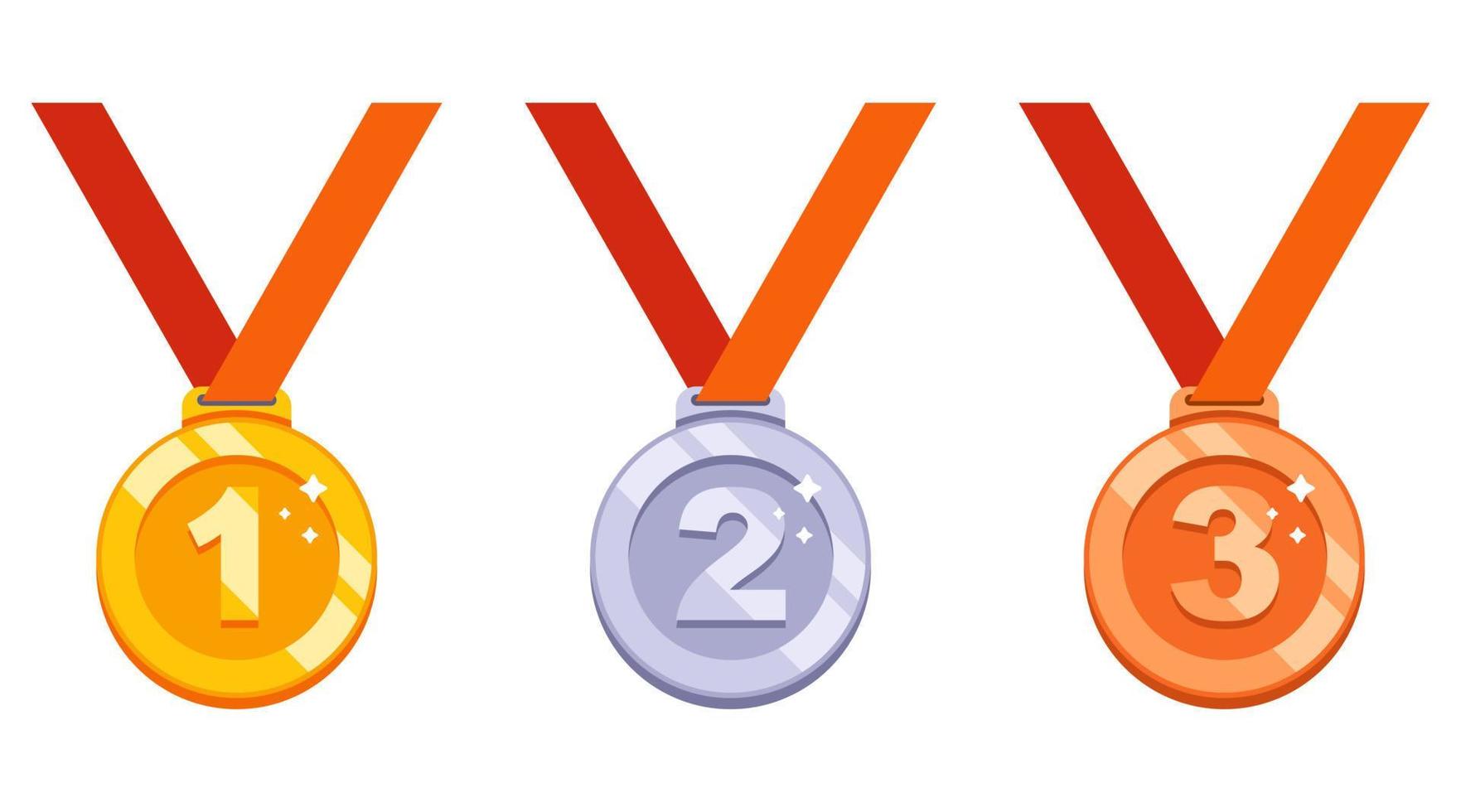set di medaglie d'oro, d'argento e di bronzo. premio per le imprese sportive. illustrazione vettoriale piatta.